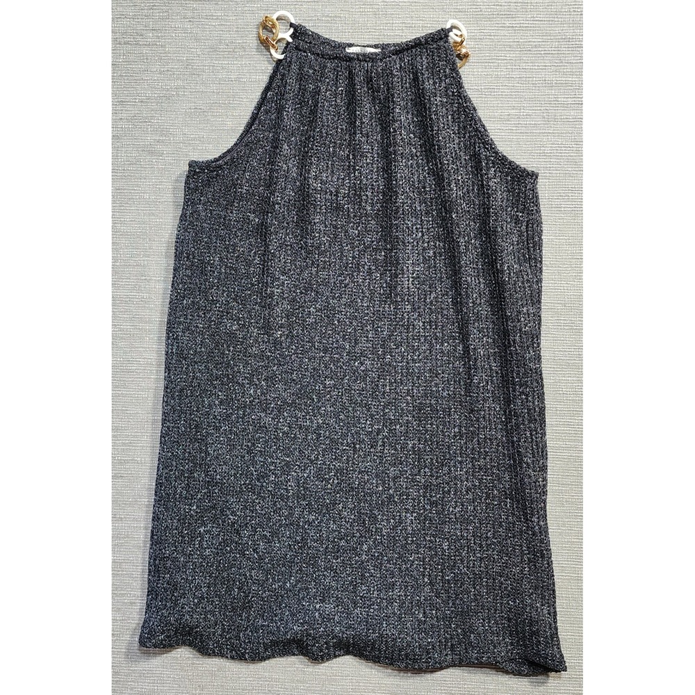 Tash + Sophie Halter Top Black White Marled Knit Chain Neck Sleeveless Blouse L